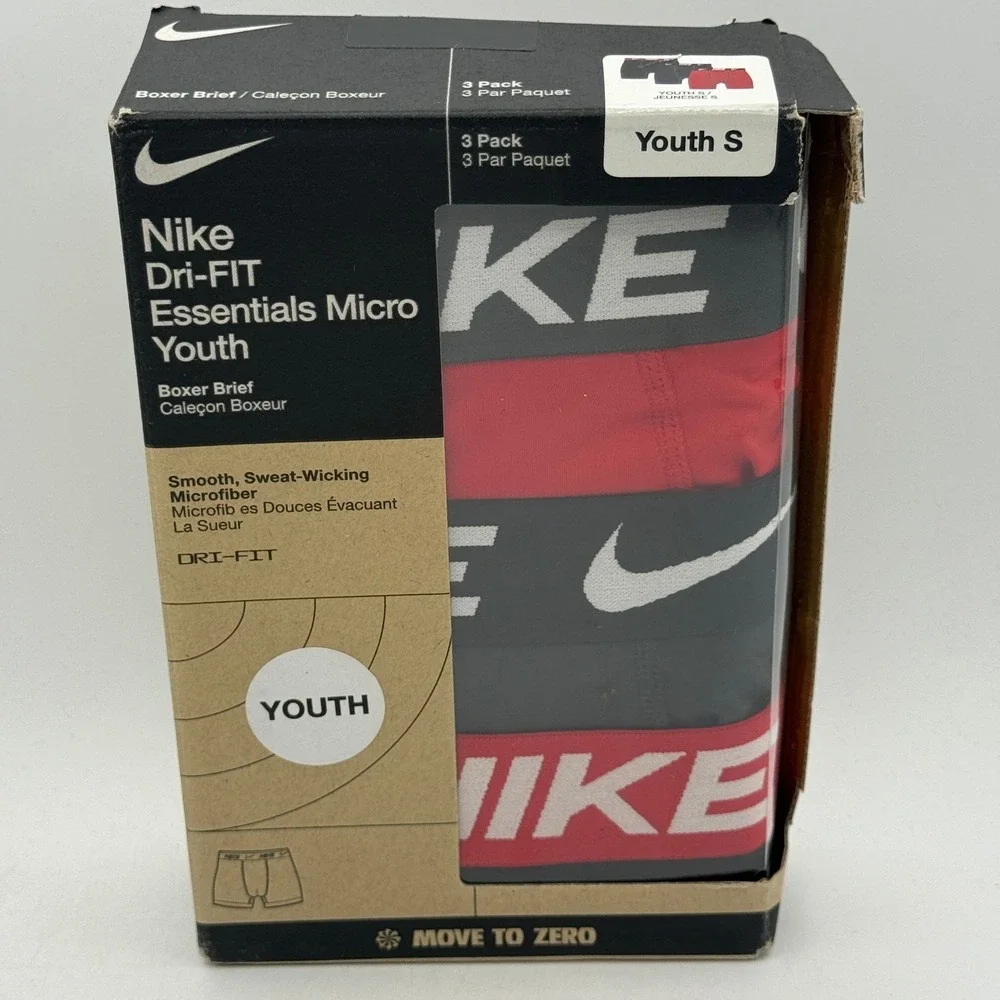 Nike Dri-FIT Essentials Micro Boxer Briefs Youth Size S Black Red 9SR844-U10